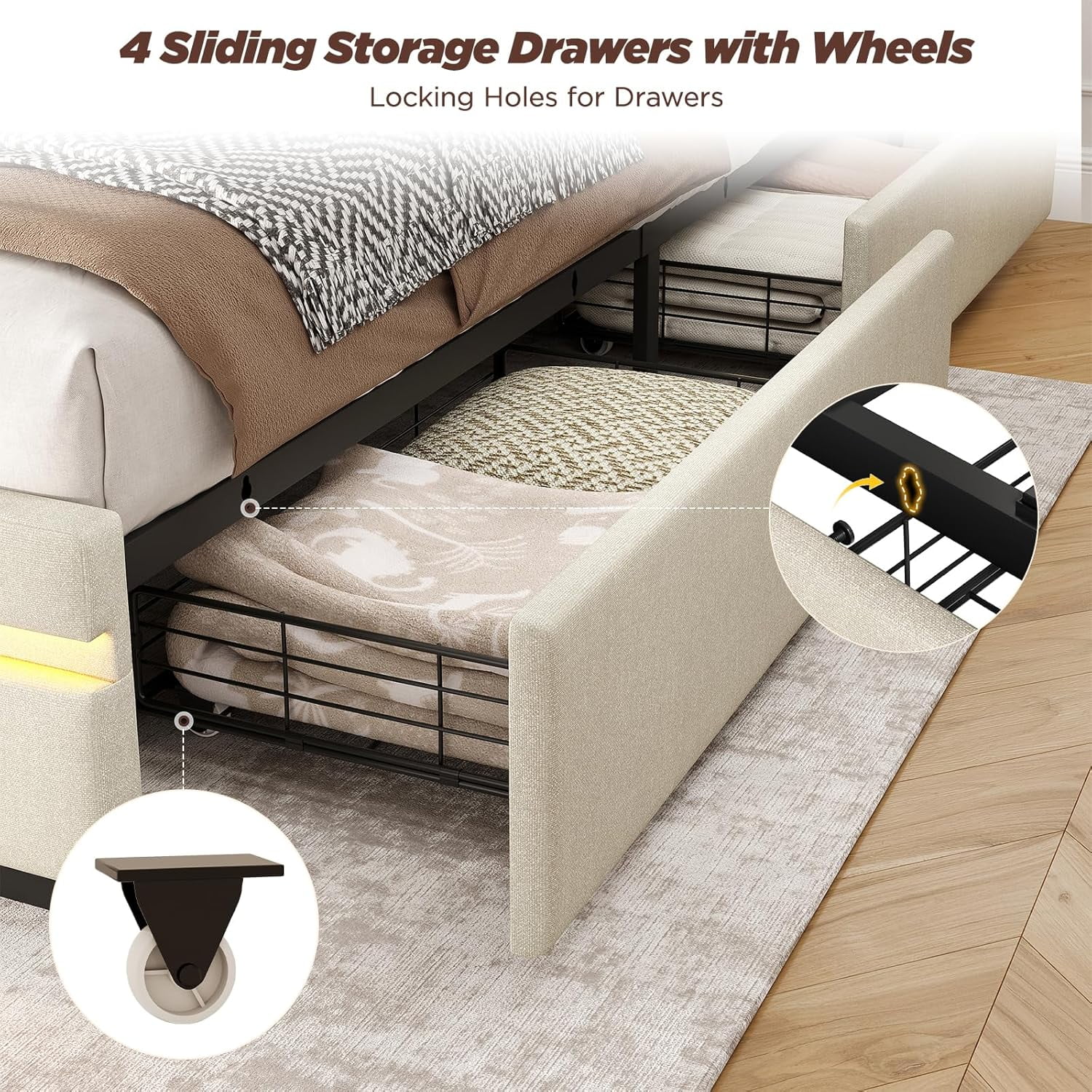 Vabches Queen Bed Frame with LED Lights & Charging Station, Upholstered Headboard Bed with 4 Large Storage Drawers & Metal Support Base, No Box Spring Needed