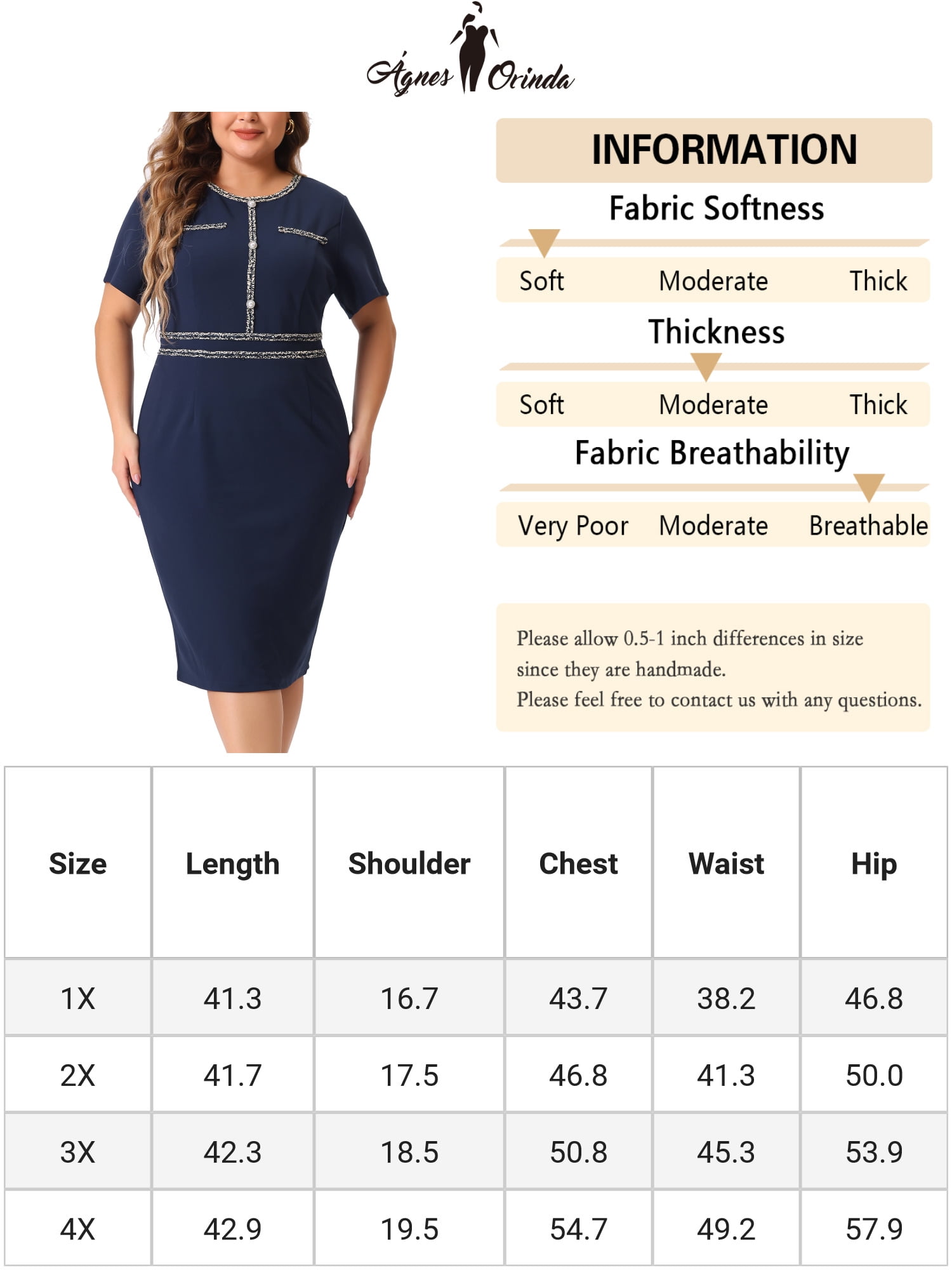 DARING DIVA Plus Size Button Crew Neck Bodycon Pencil Dress 1X Navy Blue