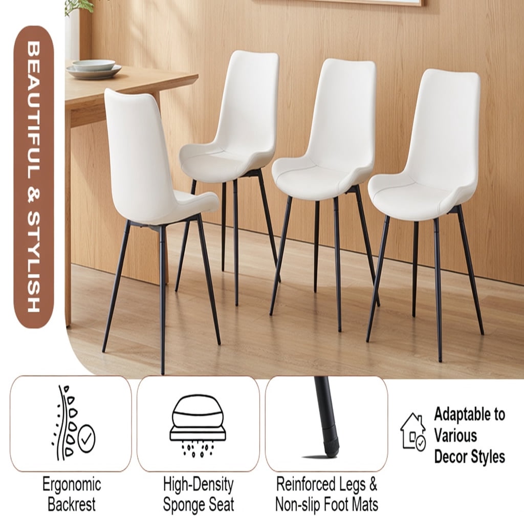Hommoo 6-Pack Modern Faux Leather Dining Chairs with Metal Legs, Ergonomic Curved Cushion, Non-Slip Feet, Easy Assembly for Kitchen, Restaurant & Home Office, White