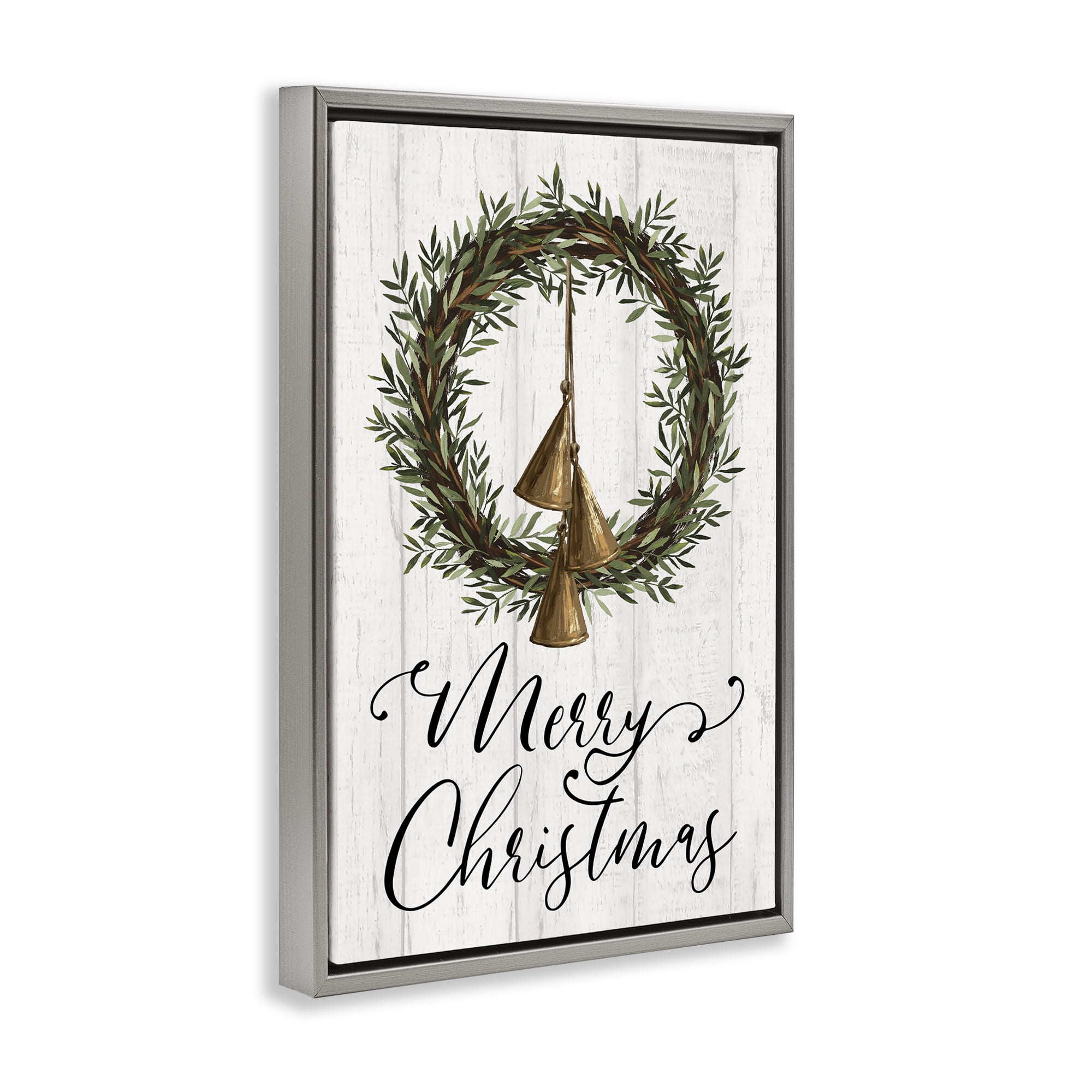 Stupell Industries Christmas Wreath & Bells Holiday Painting Gray Floater Framed Canvas Art Prints Wall Art, 21 x 31