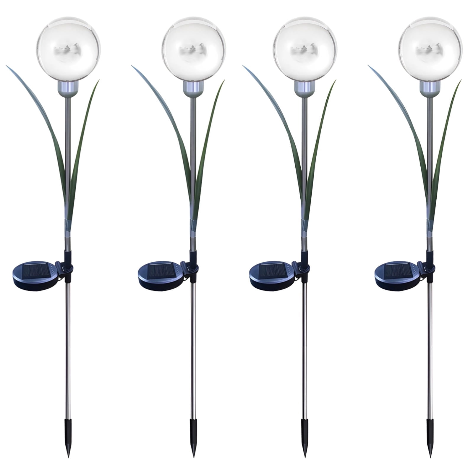 4 PCS Solar Flower Lights Outdoor, Waterproof Solar Ball Lights with Leaves, Stainless Steel 70 CM Garden Stakes, Warm Light for Pathway and Lawn Decoration