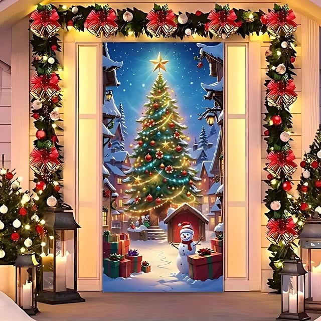Hogar y cocina, Decoración del hogar, Decoración navideña, Cubierta de puerta navideña de 35 x 71 pulgadas - Decoración de puerta y pared para Navidad - Decoración para festivales y fiestas, Cubierta