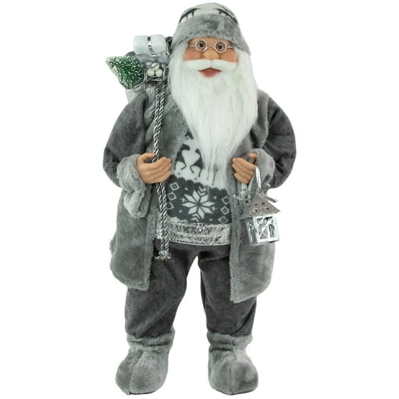 Northlight 24" Gray and White Santa Claus with Lantern Christmas Figure