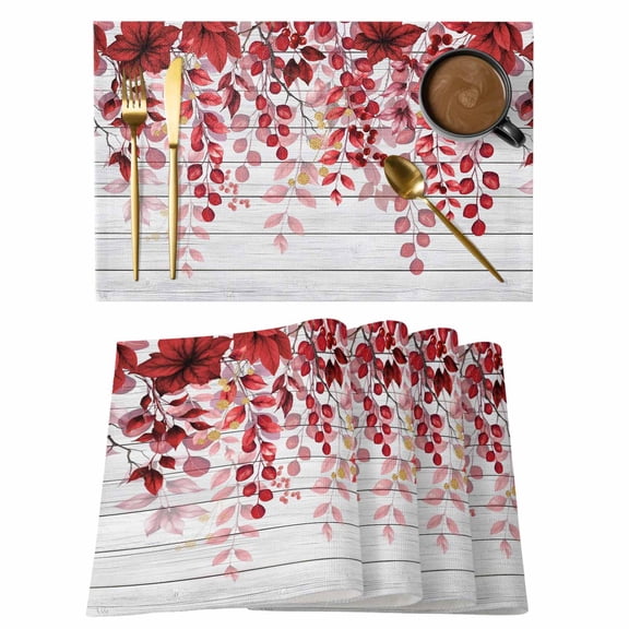 Red Eucalyptus Leaves Placemats Set of 6, Summer Botanical Weeping Wooden Placemats for Dining Table, Place Mats for Kitchen Tabletop, Waterproof Wipeable Dining Table Mats Set