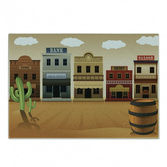 American Cutting Board, Wild West Scenery Village Old Town Texas Cowboy States Nostalgic Illustration, Decorative Tempered Glass Cutting and Serving Board, Small Size, Multicolor, by Ambesonne