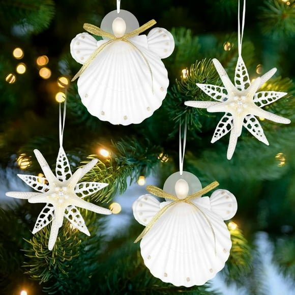 SINKOO Handmade Seashell & Starfish Ornaments - 4PCS Angel & Snowflake Crafts for Coastal & Nautical Christmas Tree
