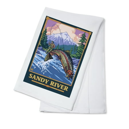 Sandy River, Oregon - Angler Fly Fishing Scene (Leaping Trout) - LP Original Poster (100% Cotton Kitchen