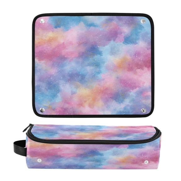 Hair Tool Organizer Bag with Heat Resistant Mat Removable Travel Storage Case for Hot Air Brushes Curling Irons Watercolor Powder Blue Pattern