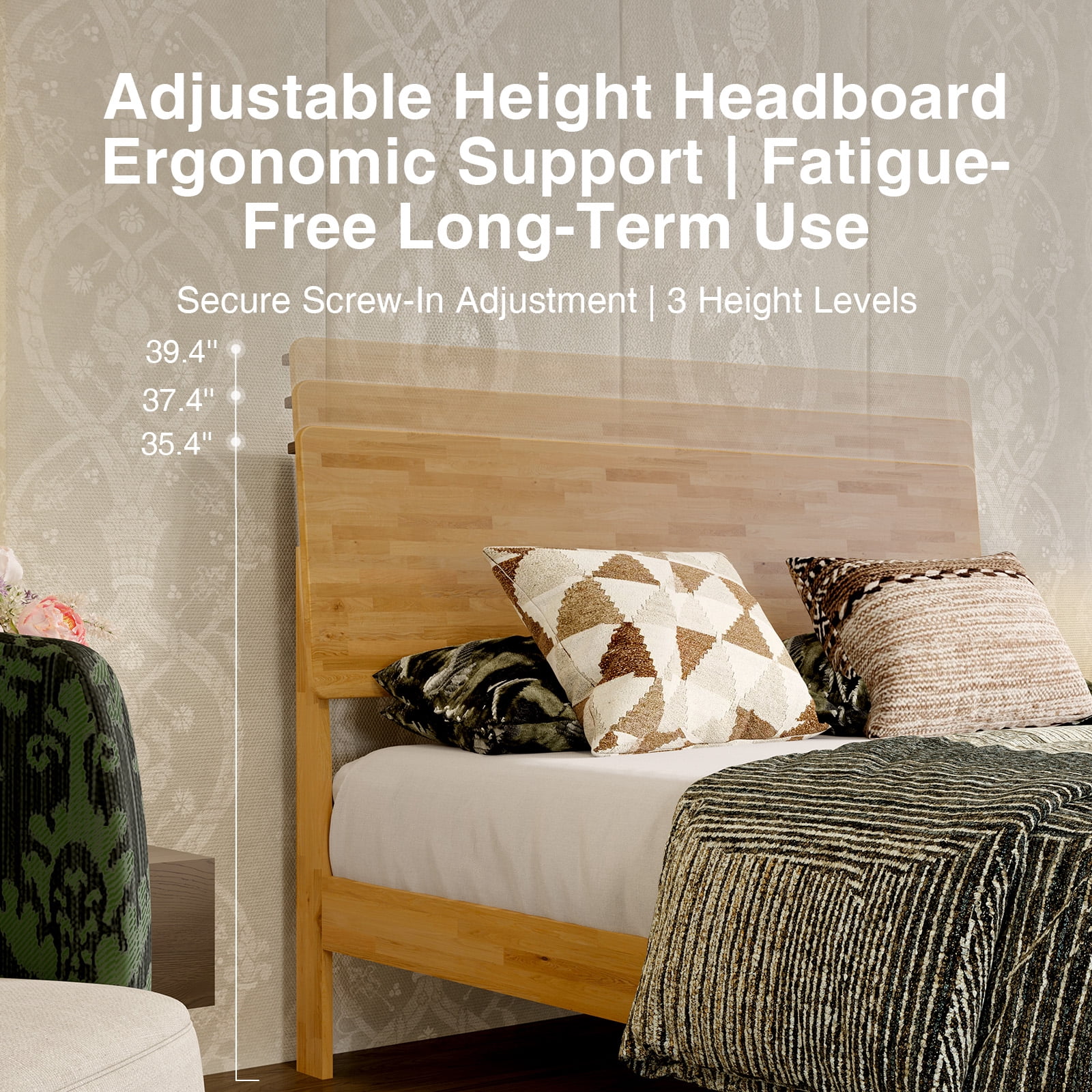 Novilla Bed Frame - Queen Size Solid Wood Platform Bed with 3-Level Adjustable Headboard, Solid Wood Slat Support, No Box Spring Needed, Nature