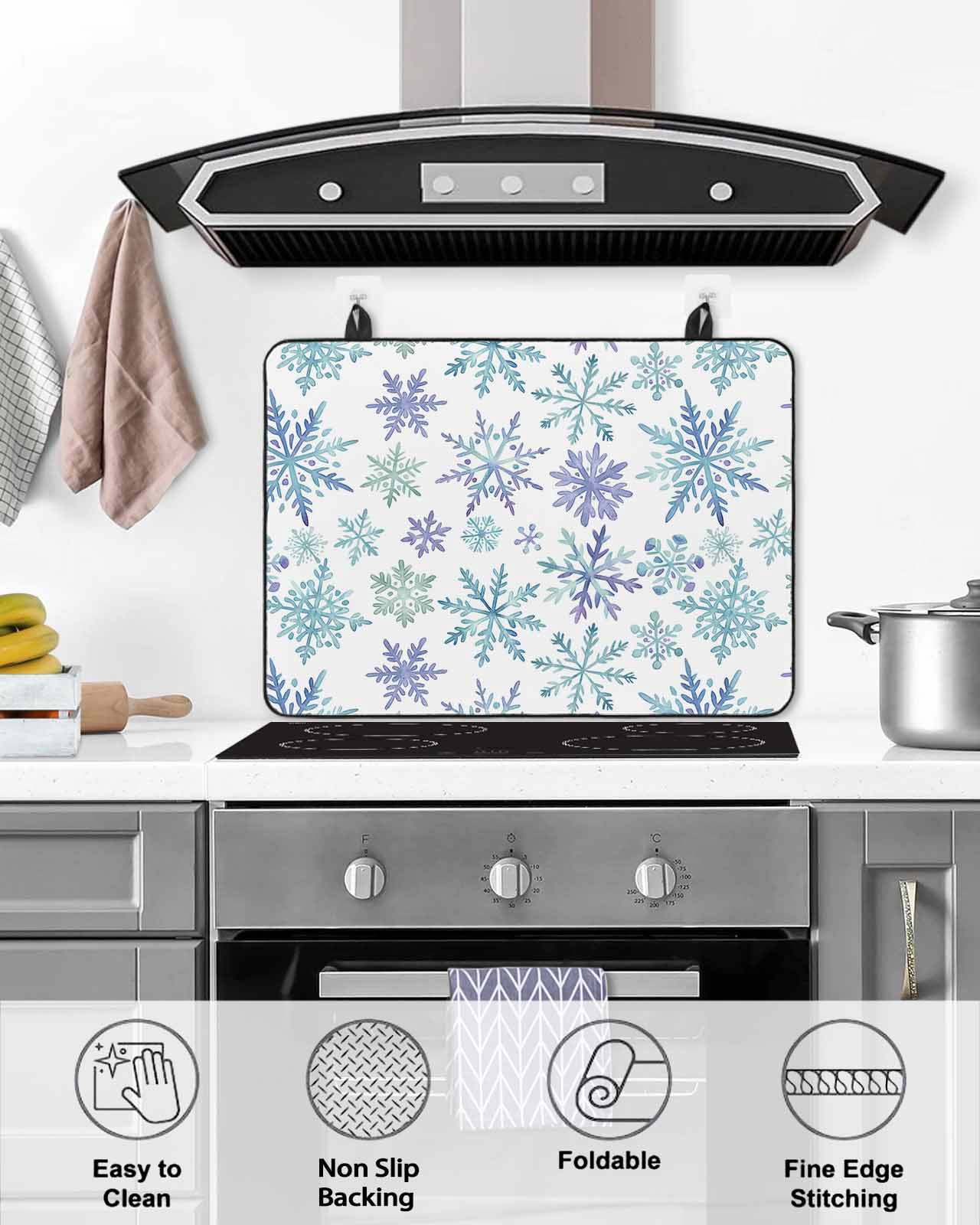 Large Induction Cooktop Protector Mat Christmas Stove Top Covers for Electric Stove, Winter Xmas Blue Turquoise Snowflakes Pattern Decorative Stove Burner Cover Mats, Glass Top Stove Cover