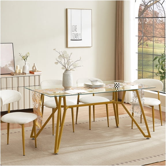 JERFIT Modern Rectangular Glass Dining Table with Gold Metal Legs for Kitchen, Dining Room, Office, Seats 8
