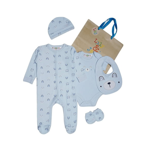 Lily and Jack Blue Bear 5-Piece Layette Set – 100% Cotton Baby Essentials, Sleepsuit, Bodysuit & More – Adorable & Comfortable Gift for Baby Boys & Girls