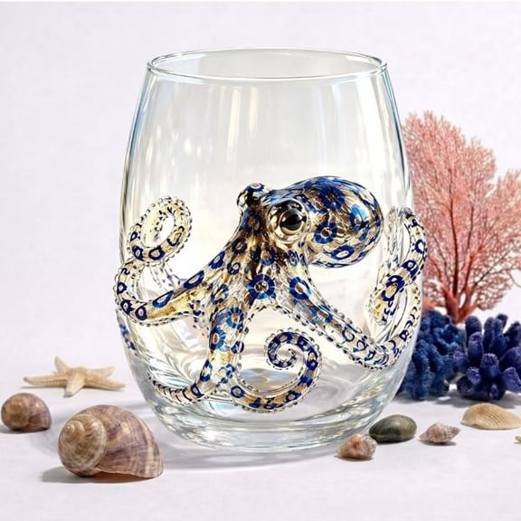 Artisanal Blue Ringed Octopus Glassware 12oz 3D Marine Animal Stemless Glasses Handcrafted Bar Glass Coastal Home Decor Gift for Ocean Animal Lovers (1PC)