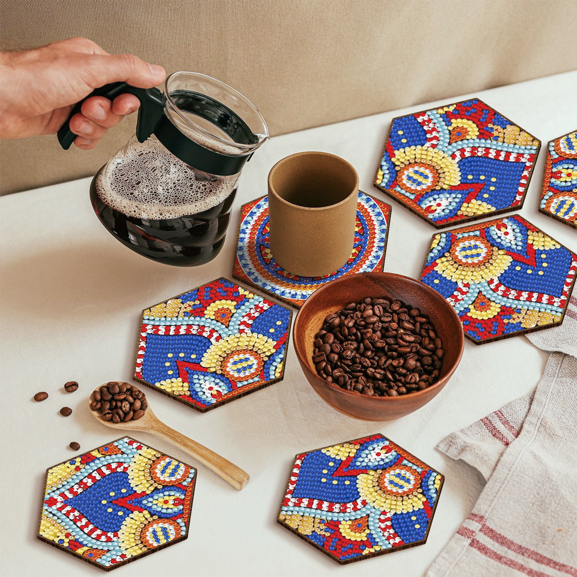 YIFEI Hexagon Diamond Art Coasters Kit with Holder 7 Pcs Persian Mandala Diamond Painting Coasters DIY Craft Kit for Adults Beginners Home Decor Gift