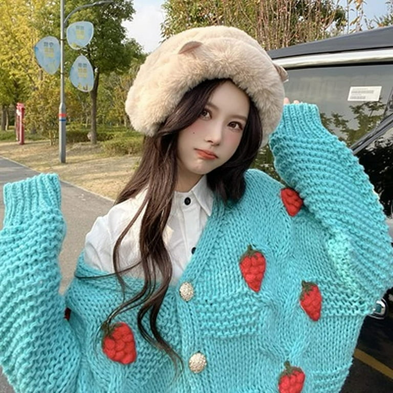 Kukuzhu Women Kawaii Cardigan Kimono Sweater, Korean Preppy Strawberry  Cottagecore Button Down Coquette Sweatshirt Winter