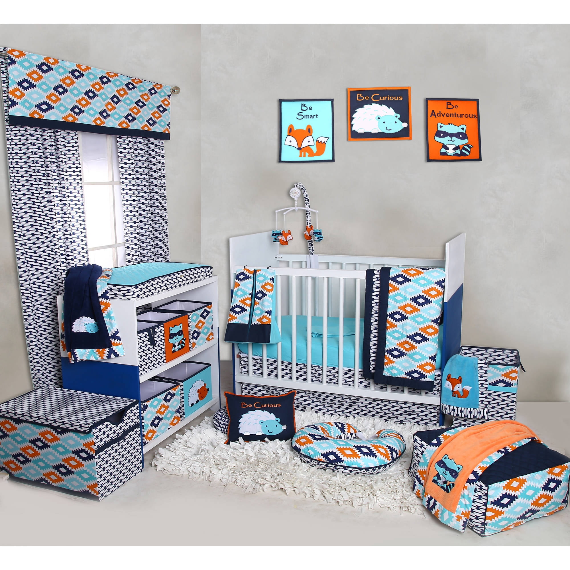 Bacati - Liam Aztec Aqua/Orange/Navy 10-Piece Nursery in a Bag Crib Bedding Set 100% Cotton Percale Unisex Crib Bedding Set with 2 crib fitted sheets