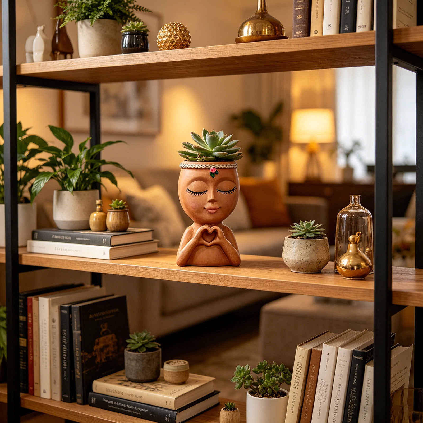 YANDE-4.8in Face Planter Pot with Heart Hands, Unique Head Planter for Indoor Plants, Cute S-ucculent Pots with Drainage Hole, Decorative Makeup Brush Holder for Vanity for Women (Brown)