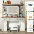 thumbnail image 5 of Merluxy Farmhouse 47.2" Makeup Vanity Desk with Charging Station, Vanity Set with Stool & Sliding Mirror, Glass Desktop, Ample Storage, Antique White, 5 of 9