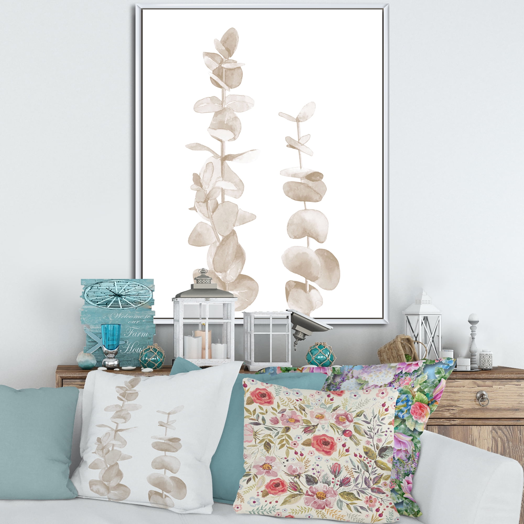 Designart 'Grey Eucalyptus Branches On White' Traditional Framed Canvas Wall Art Print