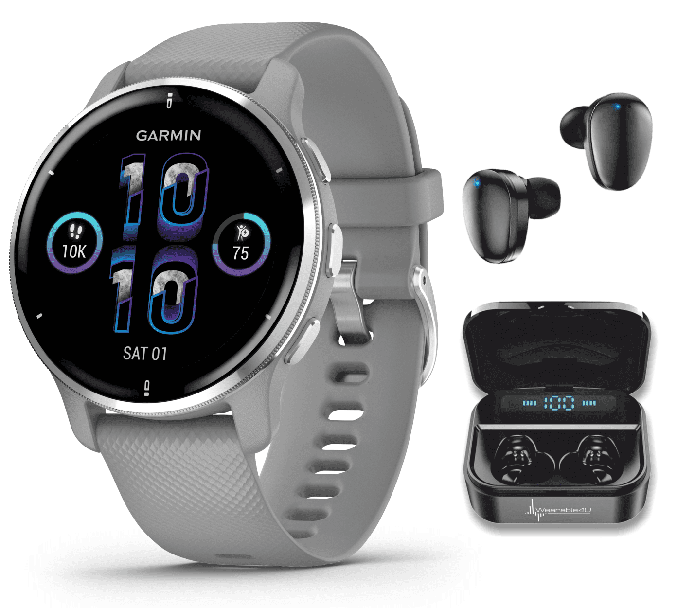 Garmin Venu GPS Smartwatch with AMOLED Display and Wearable4U Ultimate Black Earbuds with Charging Power Bank Case Bundle 