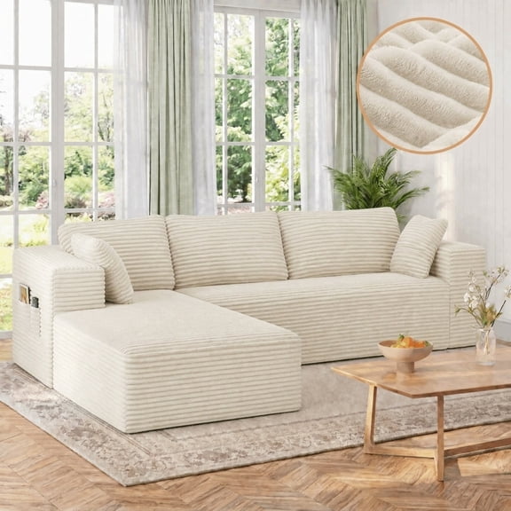 Asofer 105" Free Assembly Modular L-Shaped Sectional Couch, Pet Friendly Corduroy Cloud Sofa with Deep Seat, High Resilience Foam Boneless Sofa for Living Room, Beige