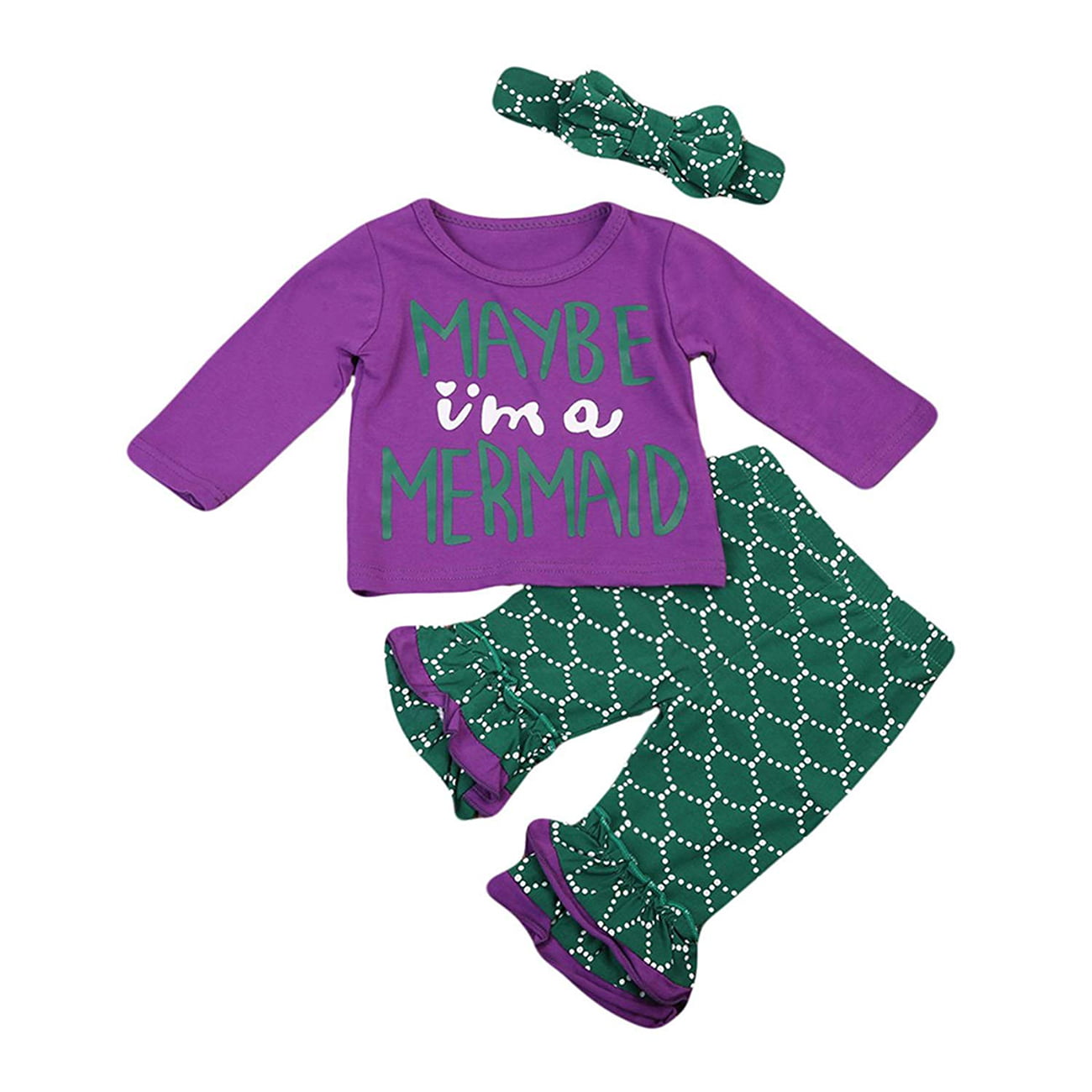 Baby Mermaid Outfit Toddler Girls Fish Scale Set 4PCS Letters Romper Top Mermaid Pants Matching Hat Headband Clothes Set 