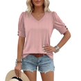 thumbnail image 5 of NMMUED Summer Tops for Women Casual V Neck Shirts Floral Print Short Puff Sleeve Loose Fit Blouses Button Cuffs Boho Tees Trendy Dressy Work Office Outfits Watermelon Red L, 5 of 8