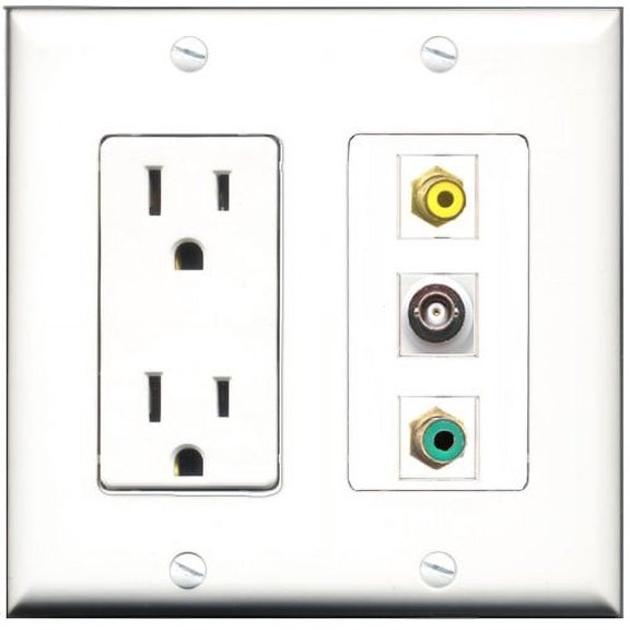 RiteAV - 15 Amp Power Outlet 1 Port RCA Yellow 1 Port RCA Green 1 Port BNC Decorative Wall Plate