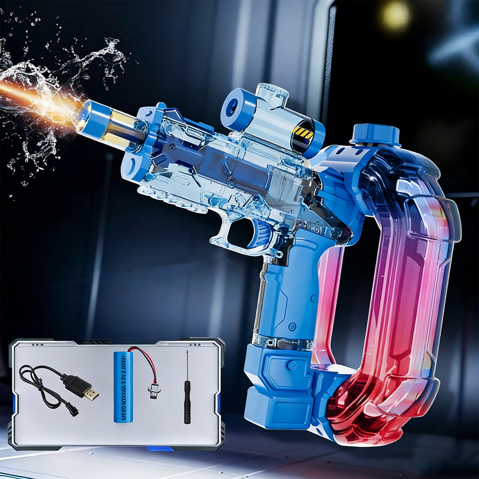 Auroras Ice Blast Water Blaster, Automatic Continuous Pulse Water Sprayer with Colorful LED Lights and Sound Effects, Rechargeable Outdoor Summer Water Gun for Pool Beach, Blue
