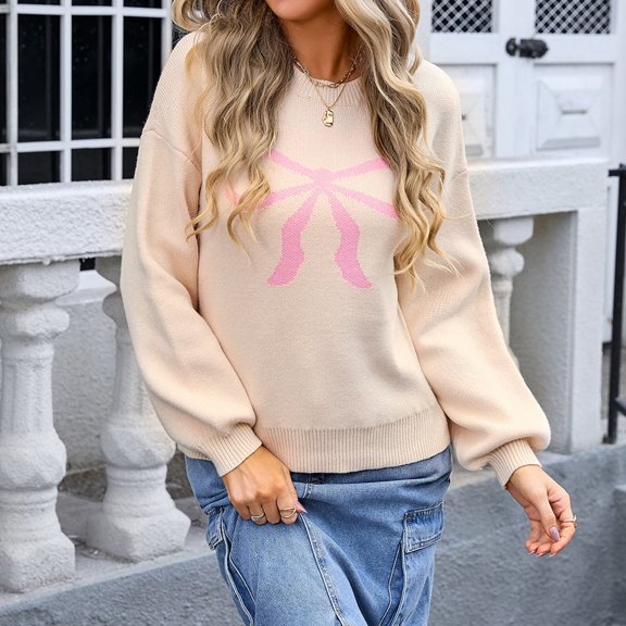 Cozy Sweaters For Women Funny Bow Printed Loose Fit Long Sleeve Crew Neck Sweatshirt Casual Winter Soft Warm Knit Holiday Jumper Tops Beige L