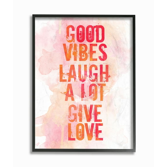 The Stupell Home Decor Good Vibes Laugh A Lot Give Love Coral and Orange Typography Framed Texturized Art
