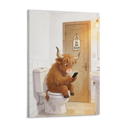 Highland Cow Funny Bathroom Wall Art – Cute Cow on Toilet with Phone Do Not Disturb Sign Canvas Print, Farmhouse Rustic Restroom Decor, Solid Wood Framed Cow Pictures Wall Decor Ready to Hang