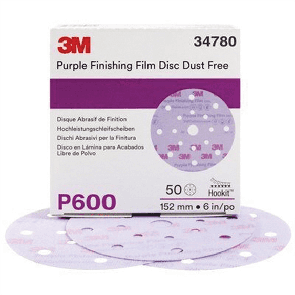 3M 34780 260L Series Dust Free Abrasive Disc, 6 in Dia, P600 Grit, Hook and Loop, Purple