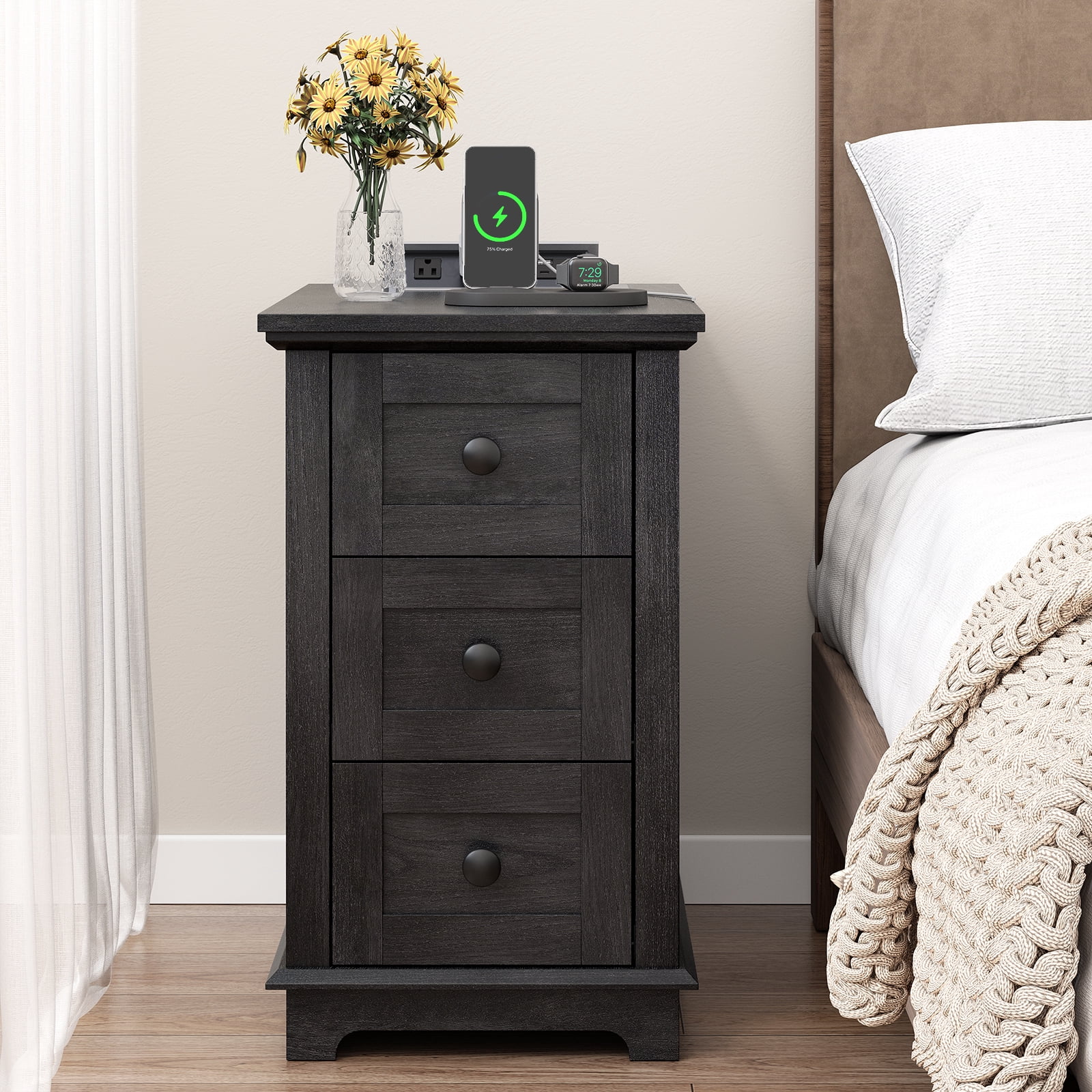 FAGAGA End Table with 3 Drawers for Living Room,Nightstand Sofa Side Table with Charging Station,Black