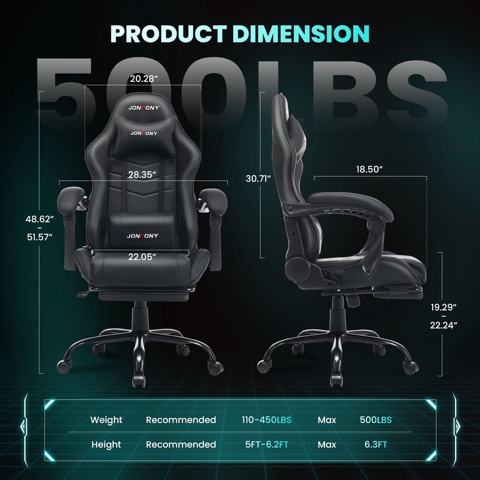JONPONY Big and Tall 500LBS Gaming Chair, Ergonomic High Back Gamer Chair with Footrest Lumbar Support, PU Leather Office Computer Chair for Long Sitting, Black