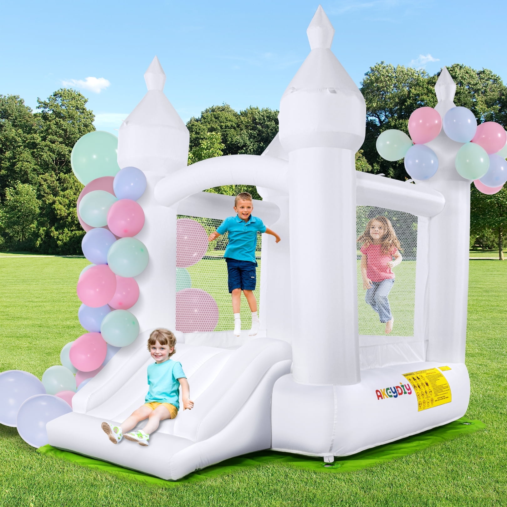 Adnoom Inflatable Bounce House for Kids 3~10, Bounce House with Slide, White Jumping Castle with 210D Ground Cloth, Bouncy House for Wedding, Party, Gift Decoration, Indoor & Outdoor, without Blower