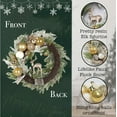 thumbnail image 2 of 24 inch Pre-Lit Gold Christmas Wreath for Front Door Outdoor, Decorated with Ornaments, Deer Figurine, Flocked Artificial Green Pine Branches, White LED Lights, 2 of 9