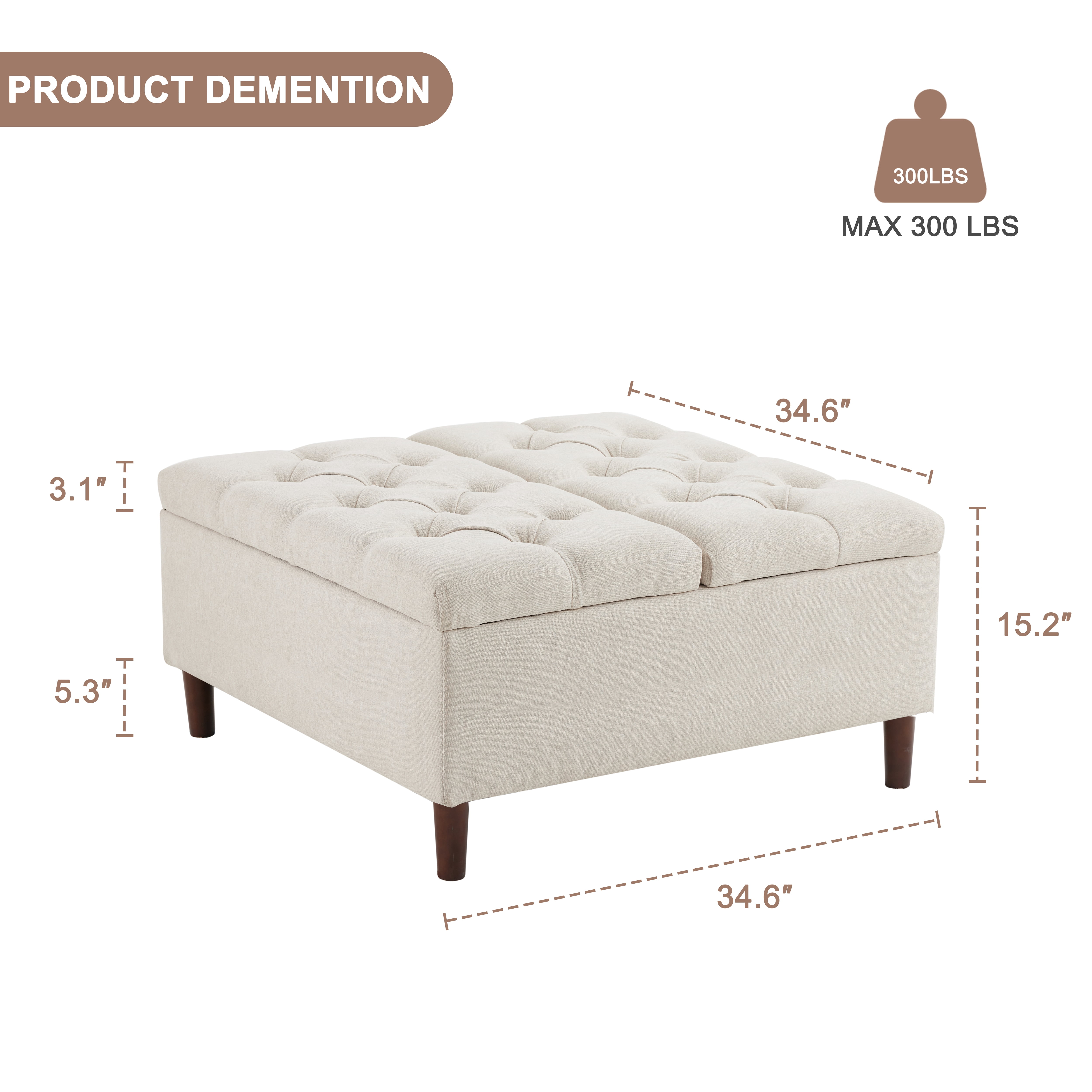 WETURE 35" Tufted Ottoman Coffee Table with Storage, Beige