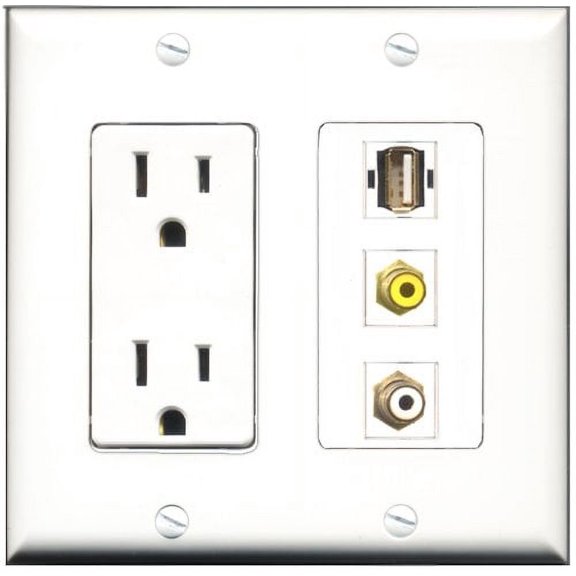 RiteAV - 15 Amp Power Outlet 1 Port RCA White 1 Port RCA Yellow 1 Port USB A-A Decorative Wall Plate