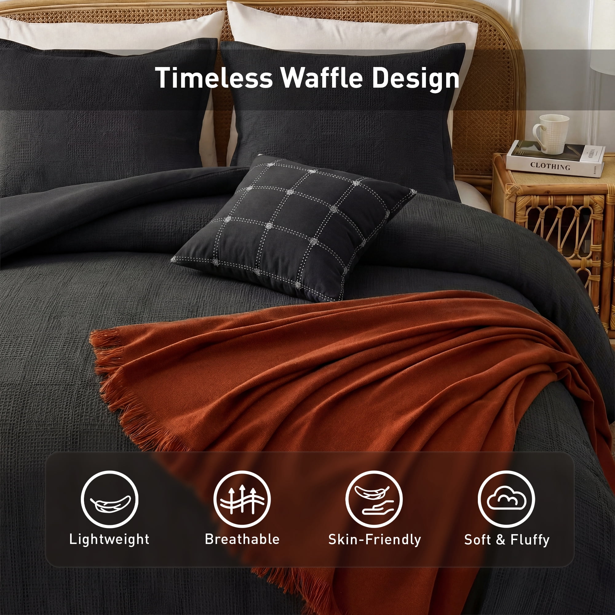 Regency Heights Waffle Weave Duvet Cover Set King/Cal King Size, Breathable Duvet Cover Set for All Season, 3-Piece Textured Bedding Set with Pillow Shams, Black