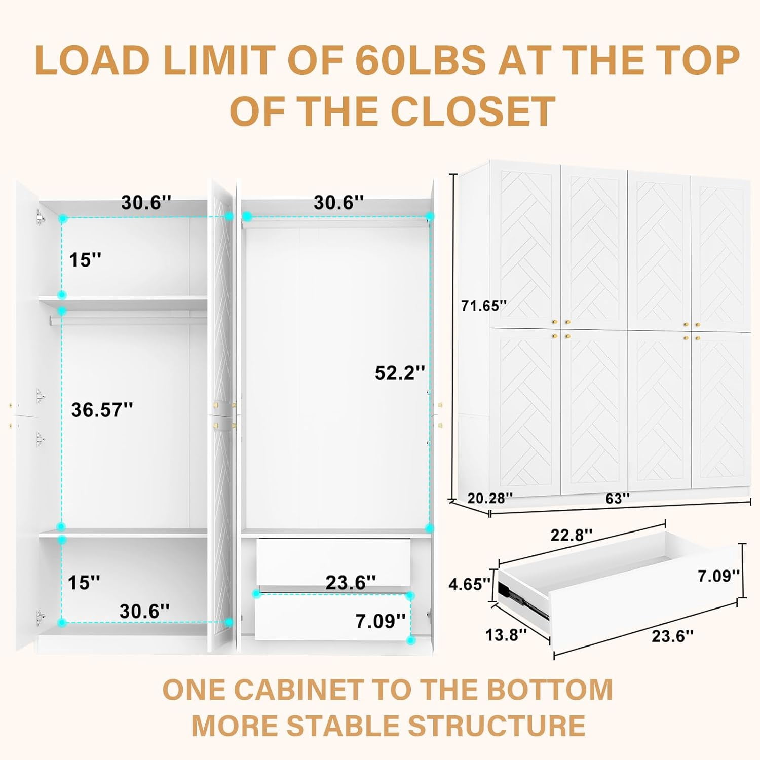 VINFORM Armoire Wardrobe Closet with 4 Doors, Wooden Wardrobe Armoire with 2 Drawers, Armoire Storage with Hanging Rods and Multi-Layer Shelves for Bedroom (White)