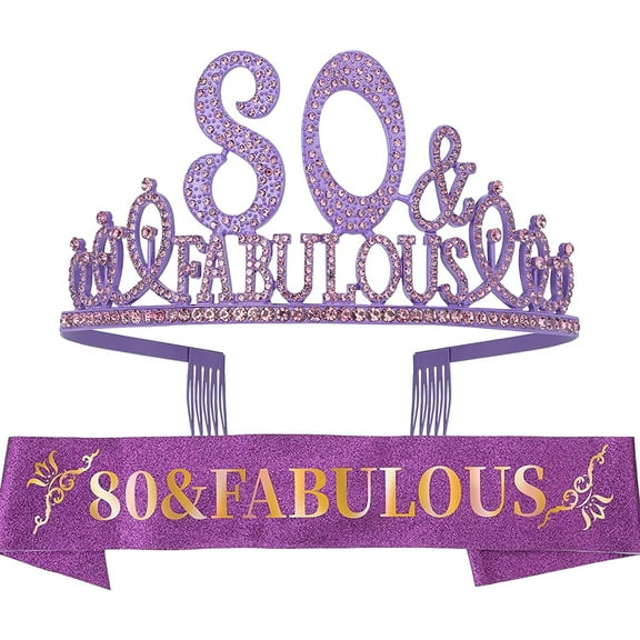 EBE EmmasbyEmma 80th Birthday Glitter Sash and Purple Rhinestone Tiara Set