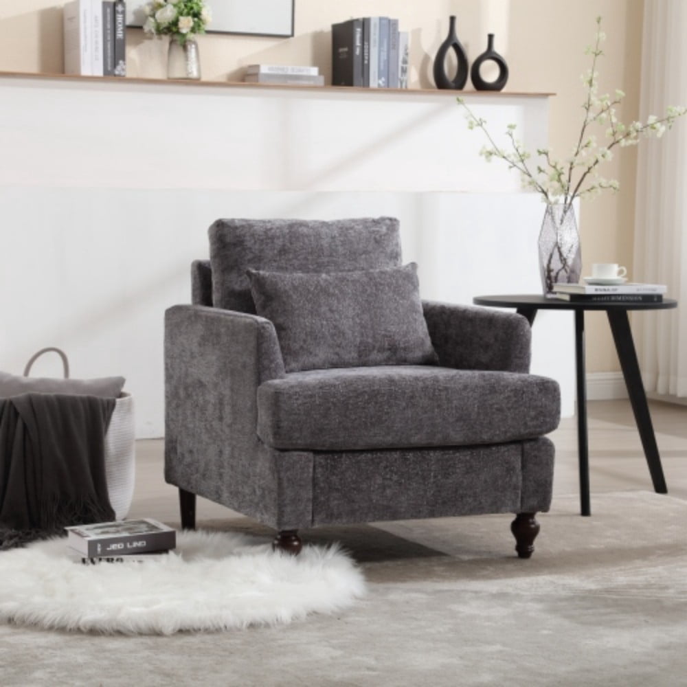 Accent Chair, Mid Century Modern Chenille Armchair with Tufted Back, Studded Solid Wood Frame, Upholstered Lounge Chair for Living Room, Bedroom, Gray
