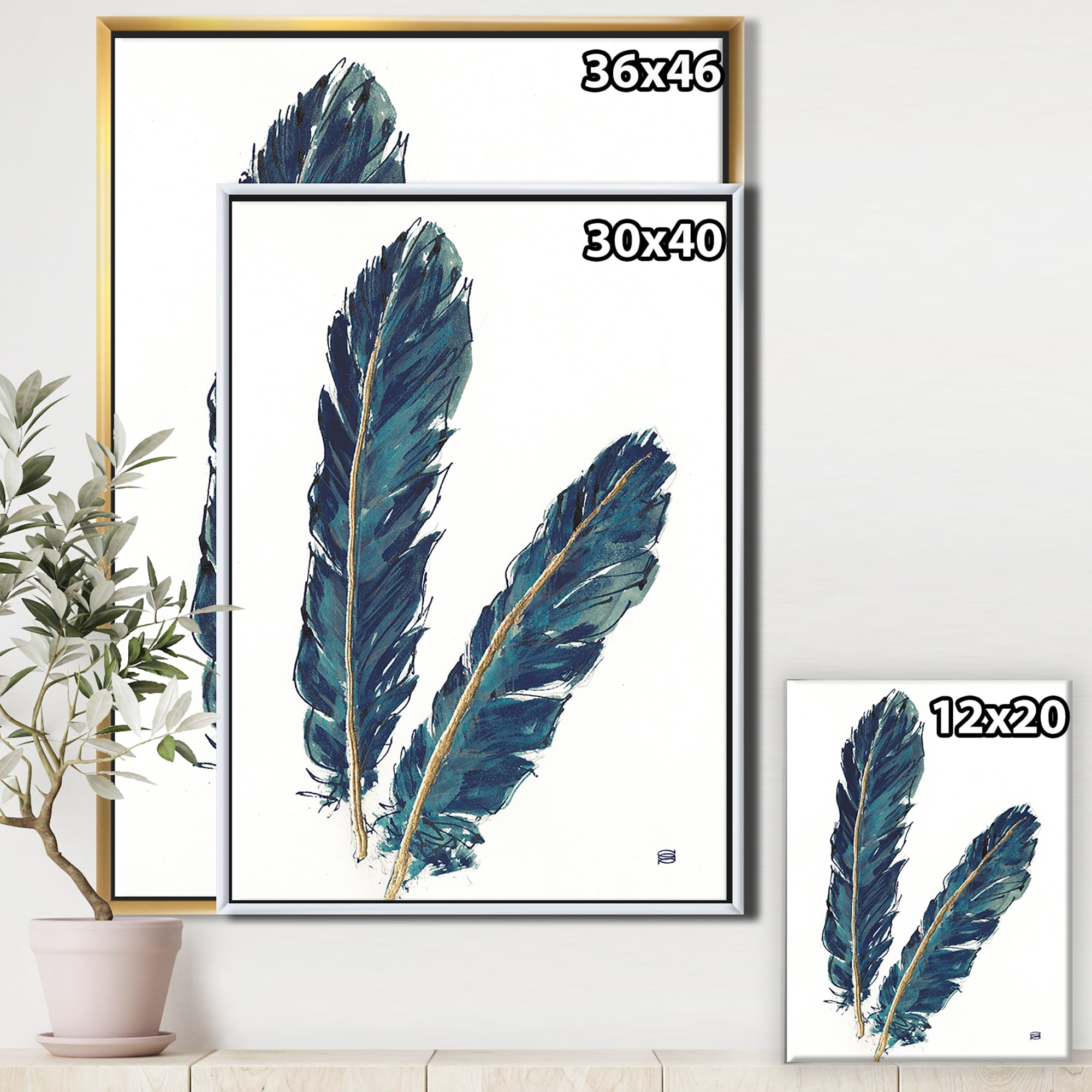 Designart ' Gold Indigo Feathers IV ' Modern Bohemian Framed Canvas