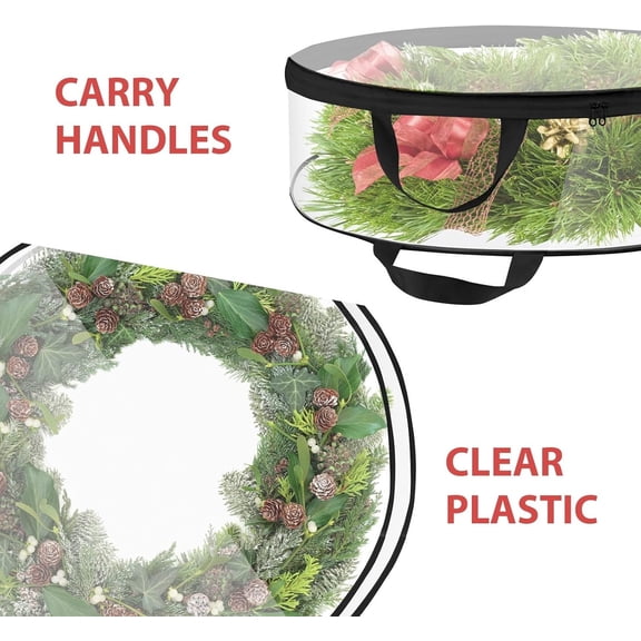 Clear Christmas Wreath Storage Bag 24 inch with Zippered Opening and Carry Handles, Round Wreath Storage Container for Holiday Wreath Storage in Closets, Garages and Storage Rooms