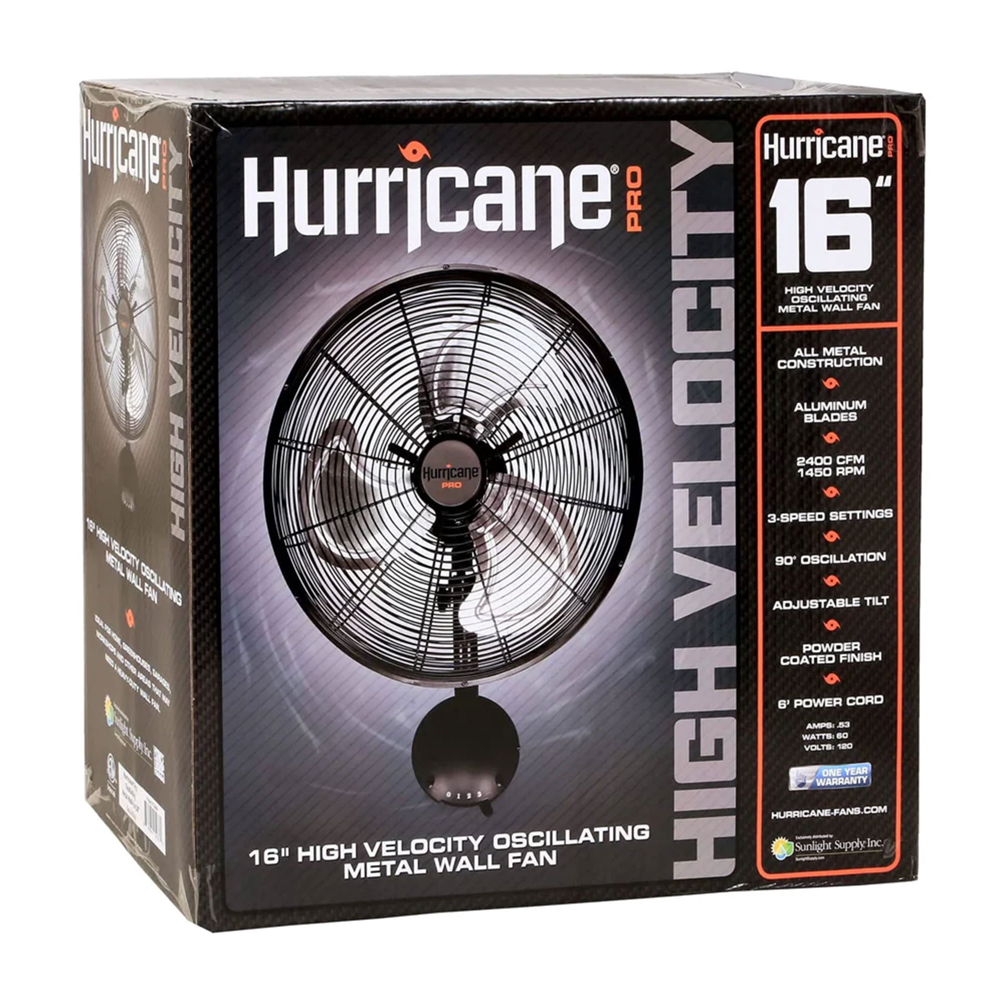 Hurricane 16" Pro High Velocity Oscillating Metal Wall Mount Fan with 3-Speed Cooling