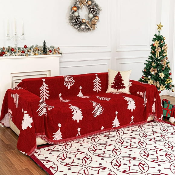 HCBY Housse de Canapé Chenilles de Noël, Housse de Canapé de Noël Rouge et Douillette, Couverture Protectrice avec Motif d'Arbre de Noël 70,87 Pouces X 51,18 Pouces