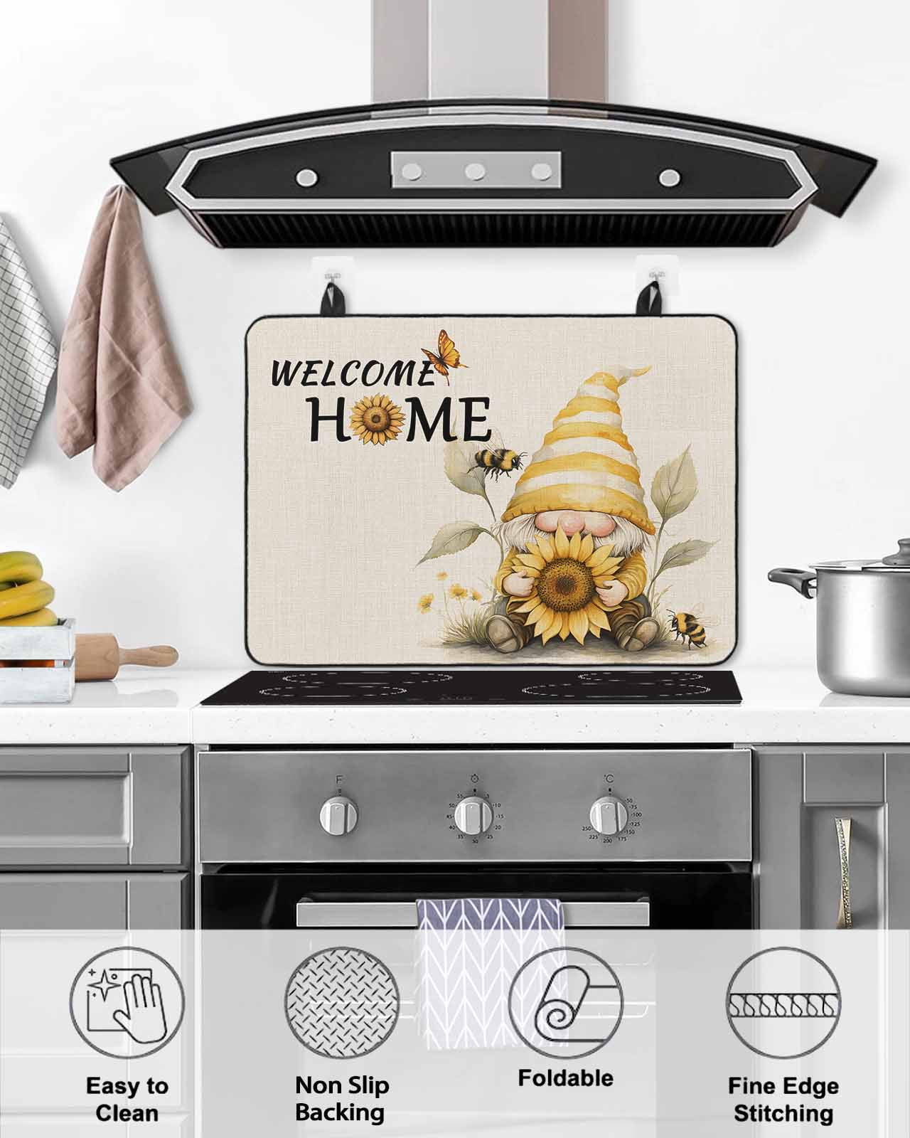 nqOlkjepod Large Induction Cooktop Protector Mat 28.5"x20.5", Yellow Sunflower Stove Top Covers for Electric Stove, Gnomes Bee Vintage Beige Texture Stove Burner Cover Mats, Glass Top Stove Cover