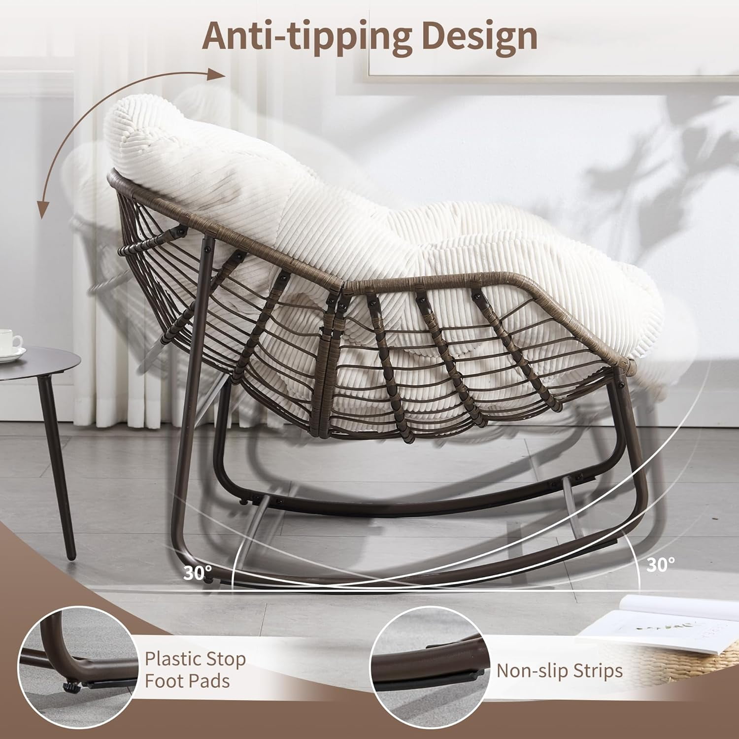 MOONMISS Outdoor Patio Rattan Oversized Rocking Chairs Set of 2 with Corduroy Padded Cushion-White