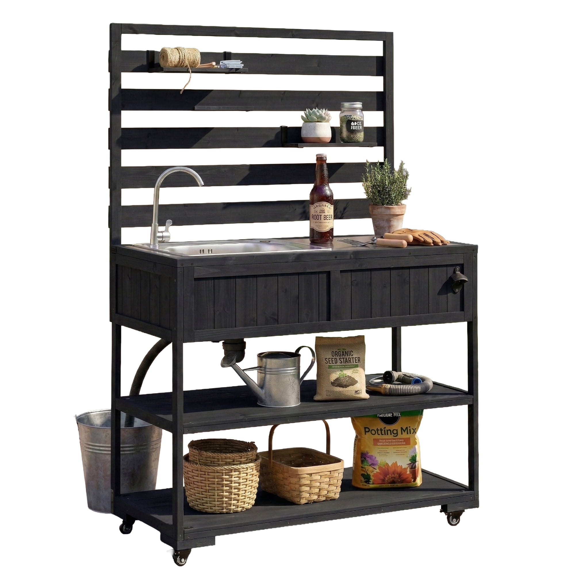 Mintazer Outdoor 41.7" Rolling Kitchen Island with Sink & Faucet, Garden Potting Bench with Stainless Table Top & 2 Movable Shelves and Bottle Opener, Black